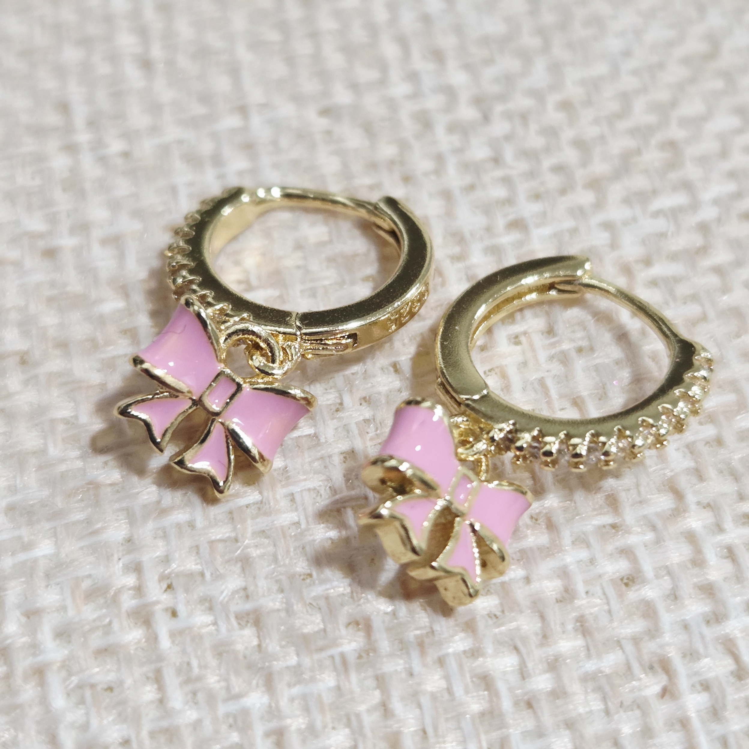 Gold And Pink Bow Hoop Huggoes Earrings